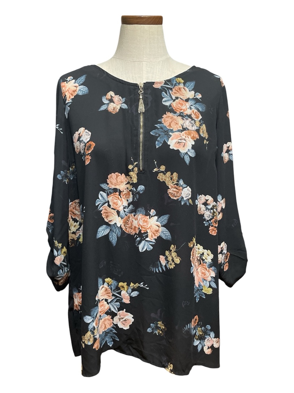 •A Black Floral Zip-Front Blouse with Peach Roses